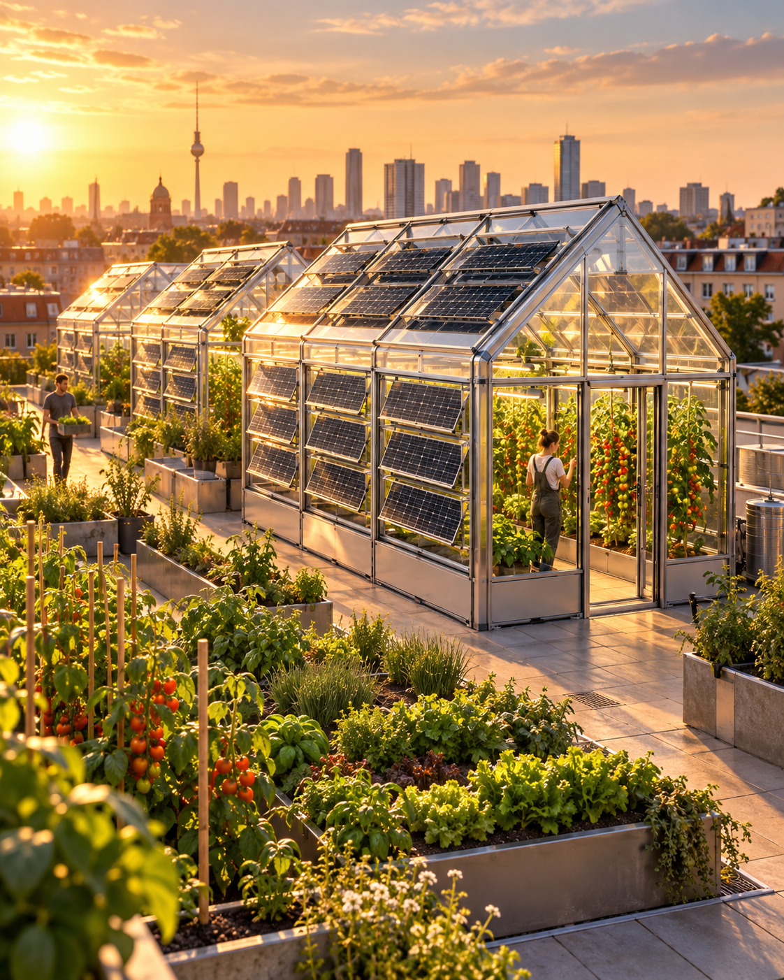 BIOTOPE Urban: Dachgewächshäuser mit Solarmodulen und Gemüsegärten bei Sonnenuntergang