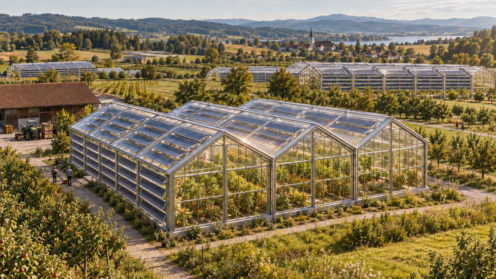 Konzeptionelle Darstellung von BIOTOPE-Gewächshäusern in einer ländlichen Landschaft