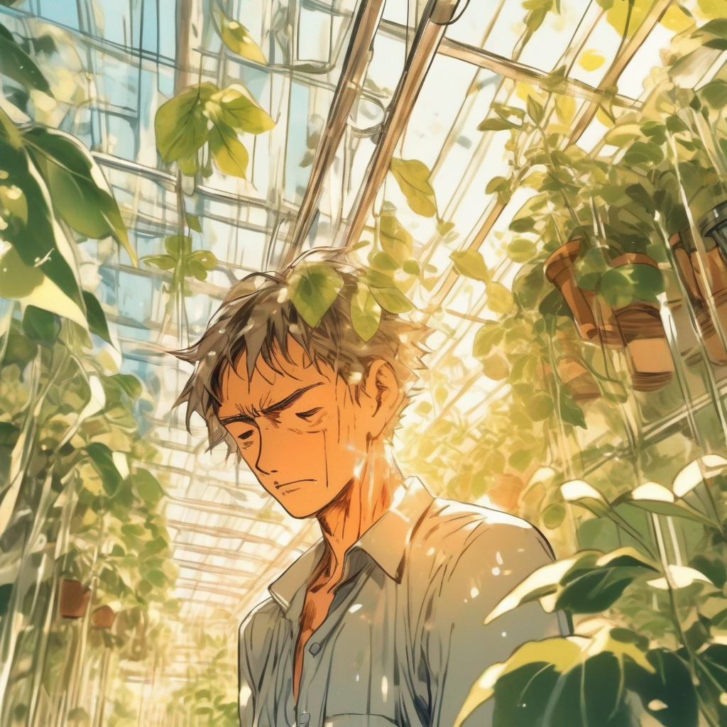 Illustration einer Person inmitten von Gewächshauspflanzen