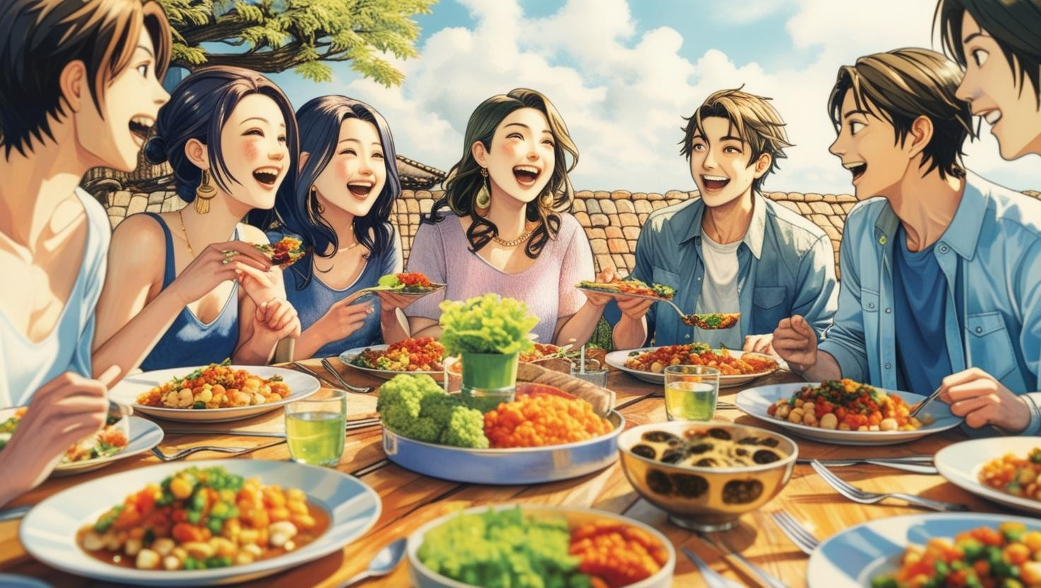 Illustration einer gemeinsamen Mahlzeit mit frischen Produkten