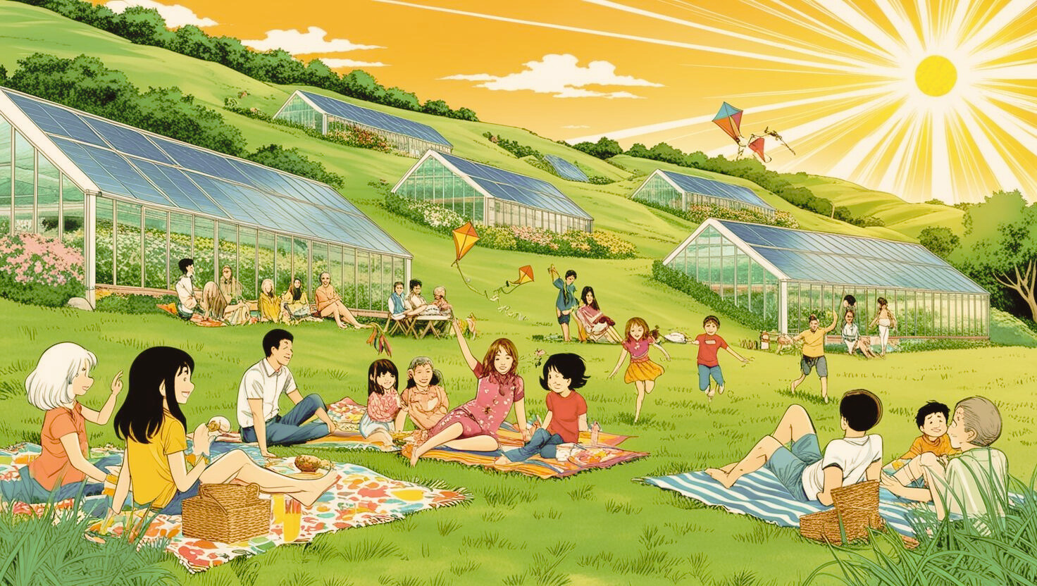 Illustration von Gewächshäusern, Sonnenlicht und Menschen in einer Landschaft